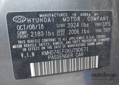 2019 Hyundai Elantra Se z USA, uszkodzony, nr VIN KMHD74LF0KU790671